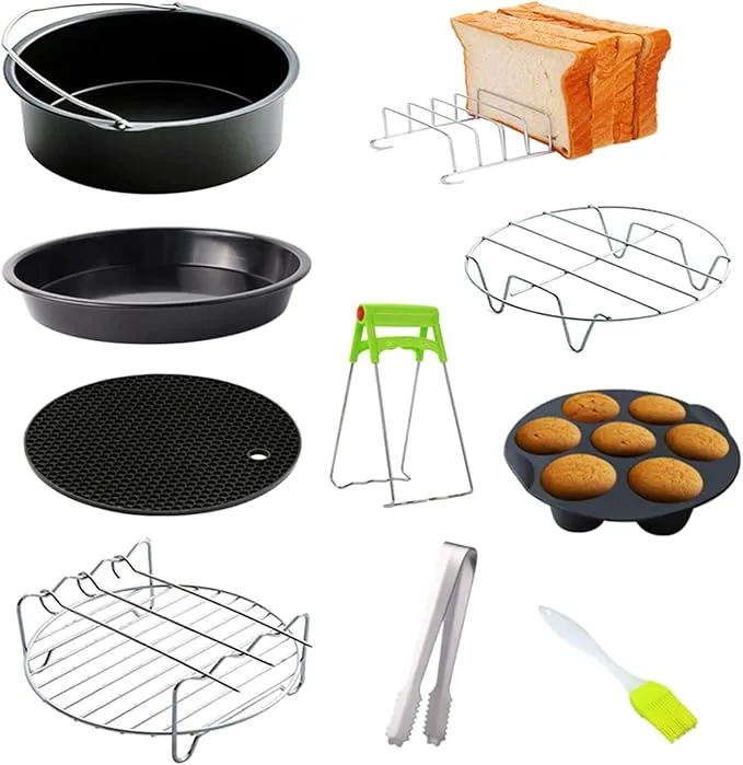 Kit completo com 10 acessórios para air fryer incluindo panela, forma pizza, cupcakes, grades e utensílios