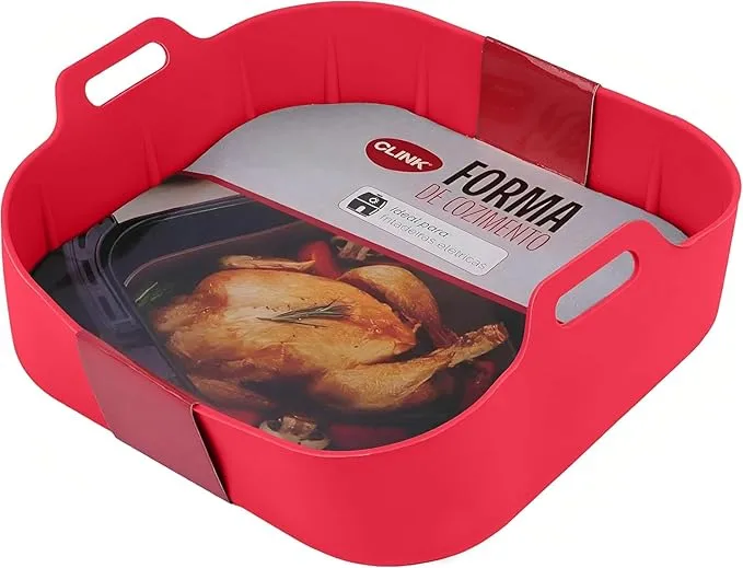 Panela de silicone quadrada vermelha Clink 20x20cm para air fryer com alças laterais