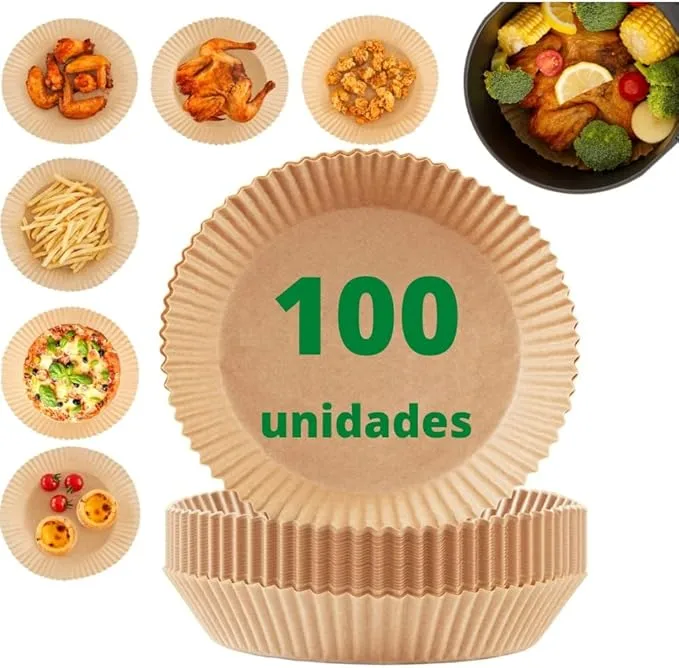 Kit com 100 unidades de papel descartável antiaderente redondo para air fryer com bordas onduladas