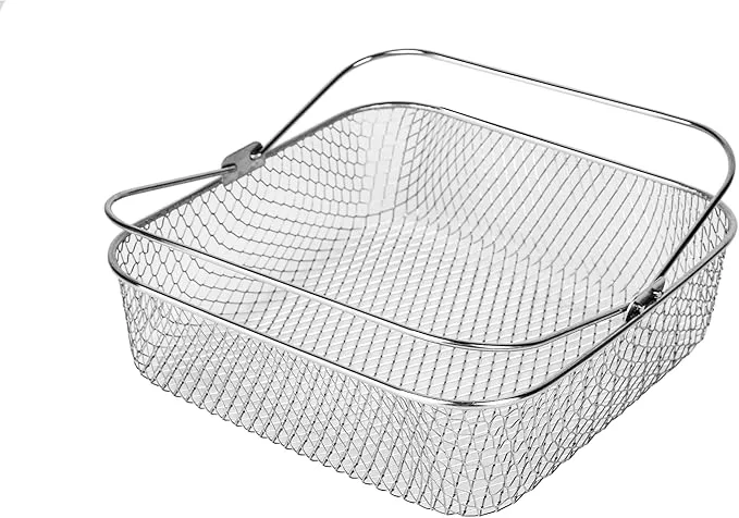 Cesta de malha em aço inoxidável quadrada 20.8cm com alça articulada para air fryer universal