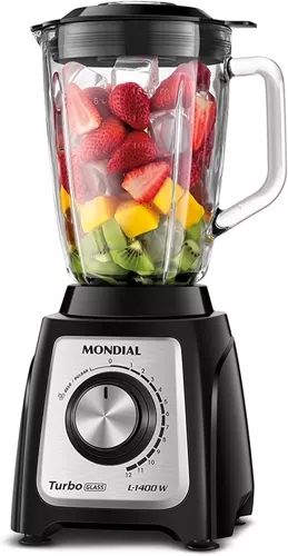 MONDIAL Liquidificador Turbo Glass Jarra de Vidro, Preto/Inox, 1400W,
