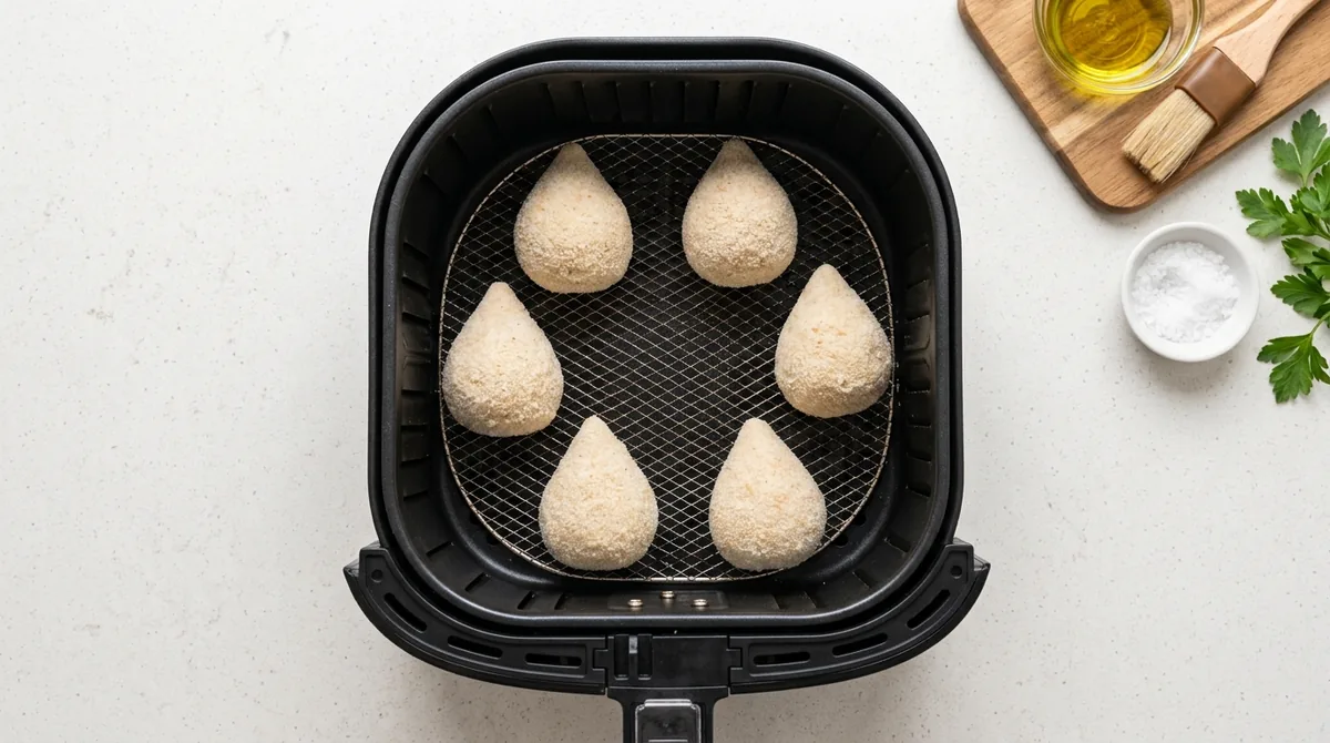 Coxinhas congeladas dispostas em camada unica na cesta da air fryer, sem encostar umas nas outras