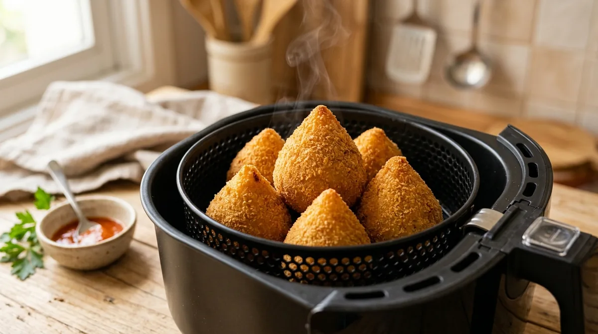 Coxinhas congeladas douradas na cesta da air fryer