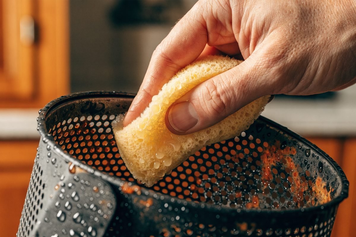 Cesto perfurado da air fryer enferrujado sendo limpo com esponja e água