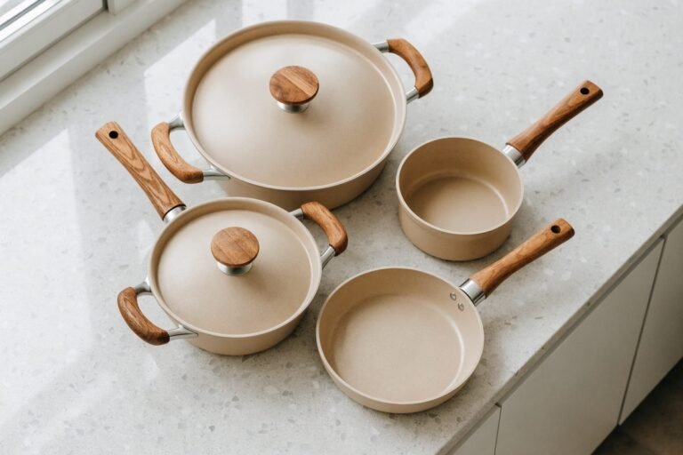 Jogo de panelas de ceramica bege sobre bancada de cozinha