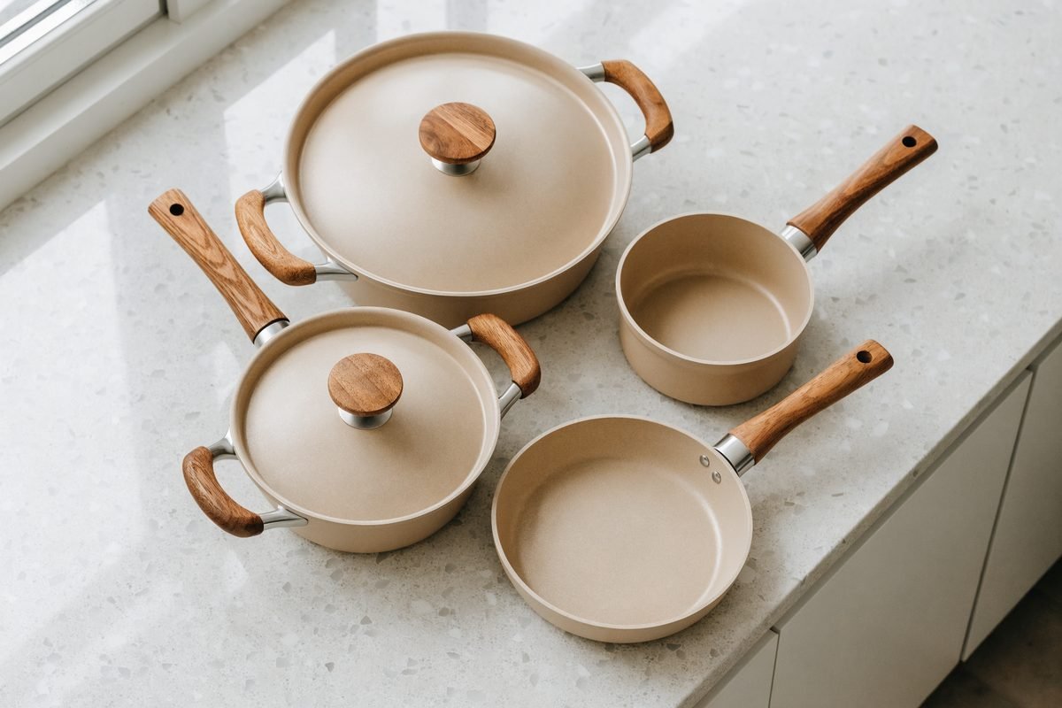 Jogo de panelas de ceramica bege sobre bancada de cozinha